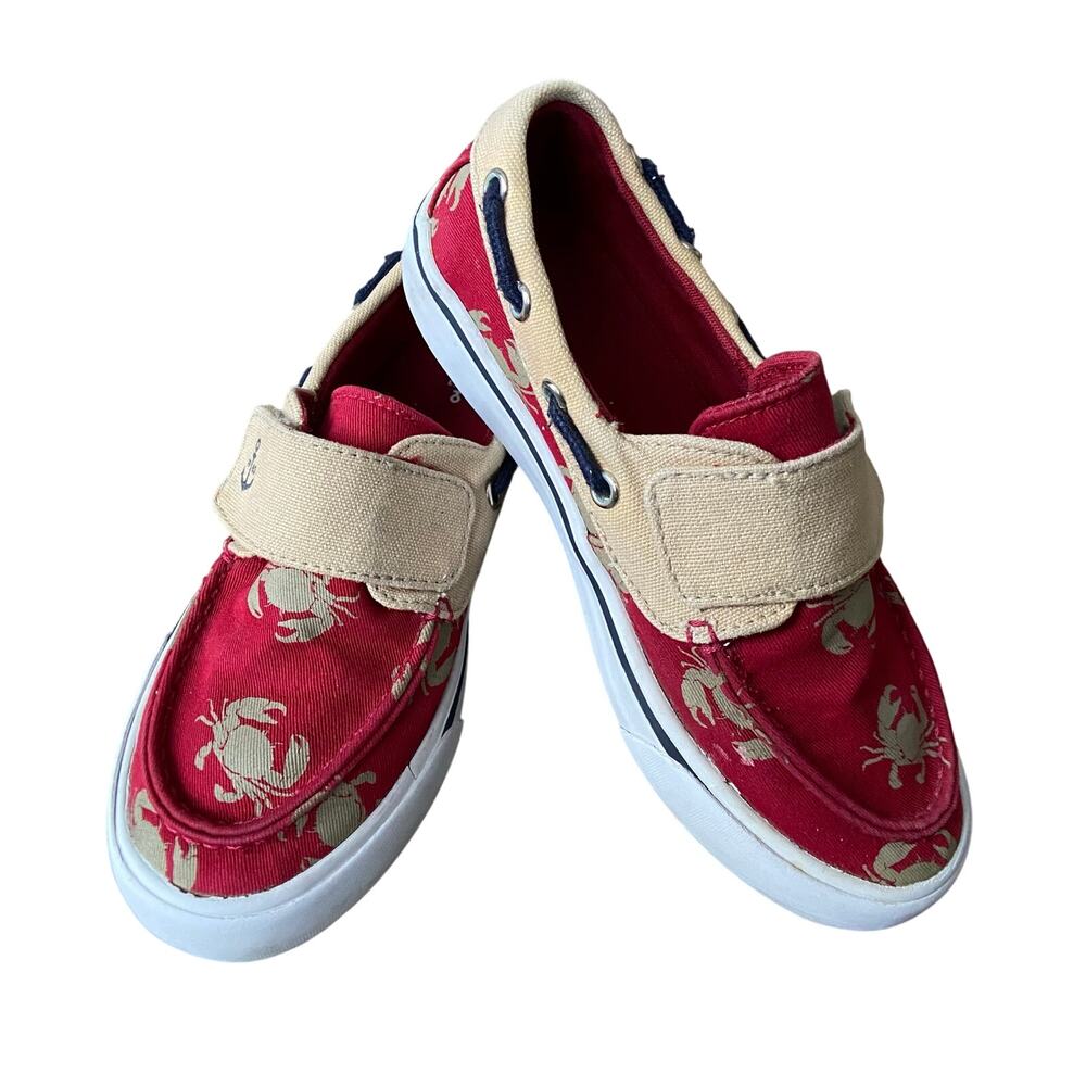 Lands End Canvas Boat Shoes Boy Sz 2 Red Tan Crab Strapped